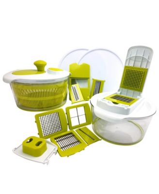 MegaChef 10-in-1 Multi-Use Salad Spinning Slicer, Dicer and Chopper with Interchangeable Blades and Storage Lids, Green