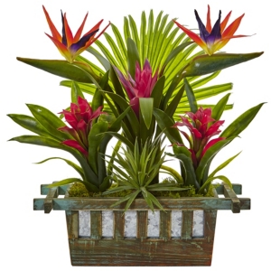 Nearly Natural Birds Of Paradise And Bromeliad In Planter In Red