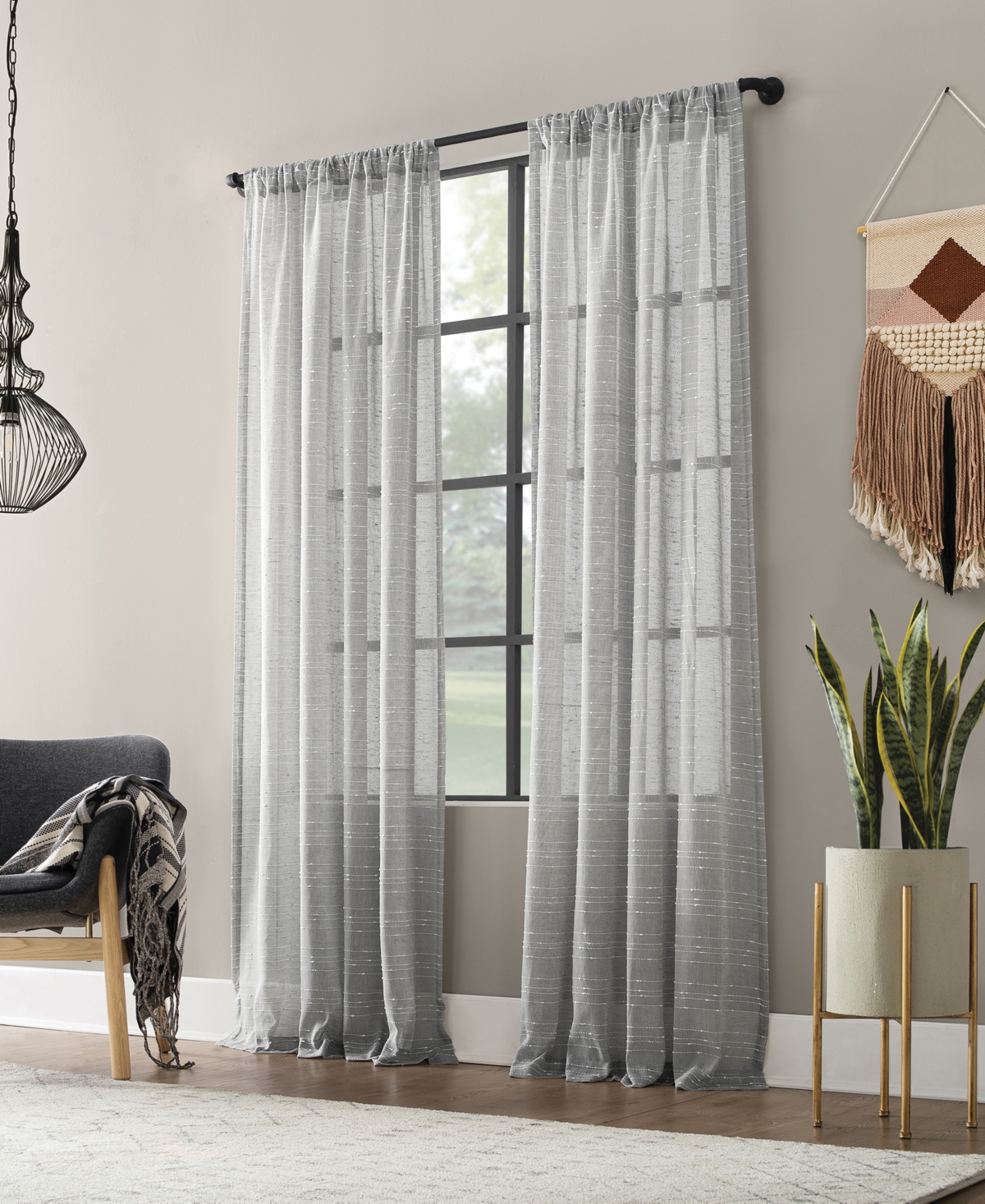 Clean Window Textured Slub Stripe Anti-Dust Linen Blend Sheer Curtain Panel