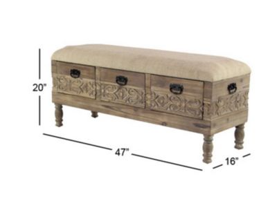 Rustic 20" x 47" Three-Drawer Storage Bench with Cushioned Seat
