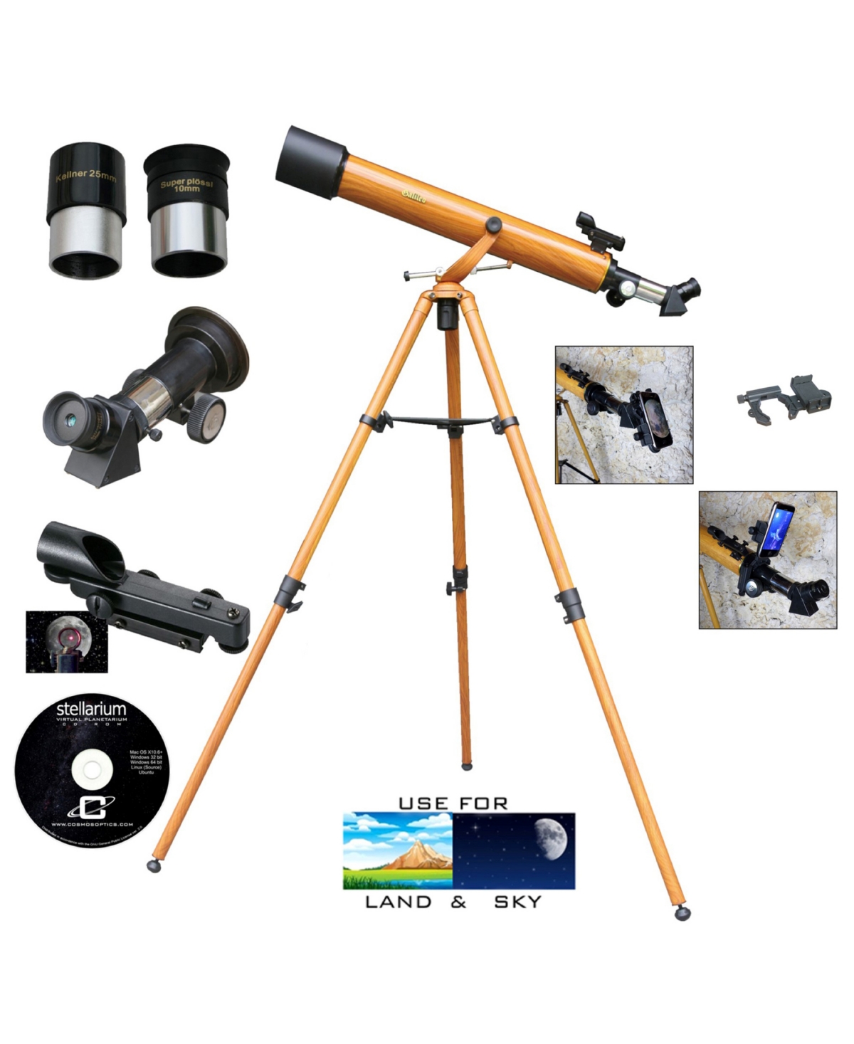 Cosmo Brands Cassini 800mm X 60mm Wood Grain Telescope And Smartphone Adapter And Slow Motion Rod In Multi