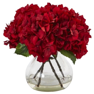 Nearly Natural 8.5" H Red Hydrangea Silk Flower Arrangement W/ Glass Vase