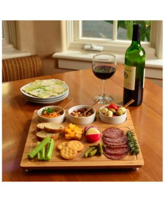 Entertainer Bamboo Cheese Board Platter with 3 Ceramic Bowls