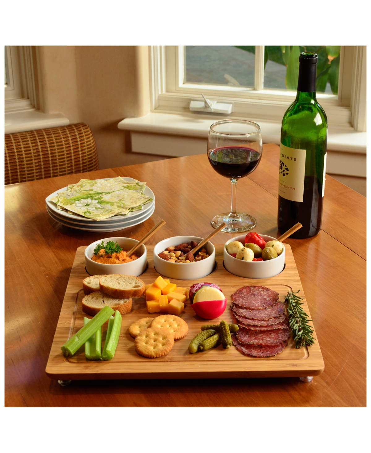 Picnic at Ascot Entertainer Bamboo Cheese Board Platter with 3 Ceramic Bowls