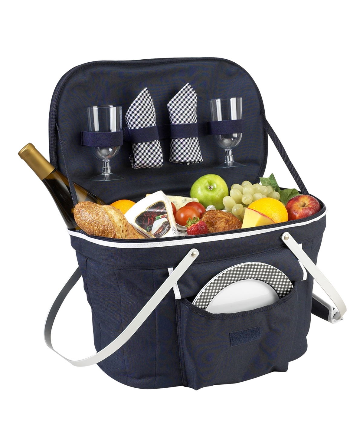 Collapsible Picnic Basket Cooler - Equipped with Service For 2 - Navy