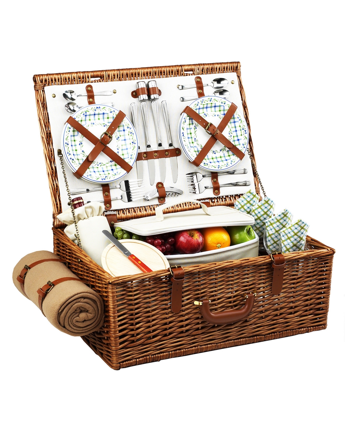 Dorset English-Style Willow Picnic Basket for 4 with Blanket - Turquoise