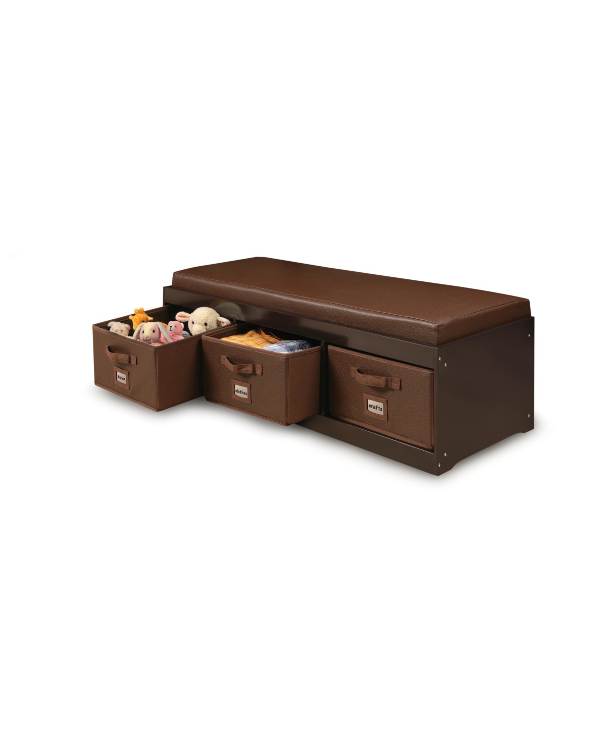 Kid's Storage Bench with Cushion and Three Bins - Espresso