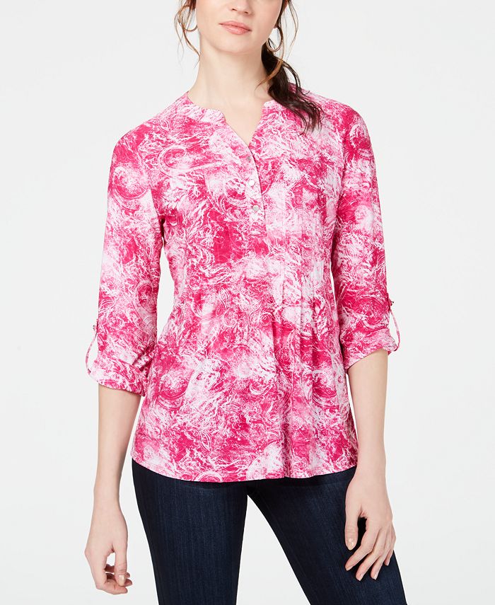 NY Collection Petite Printed Roll-Tab Shirt - Macy's