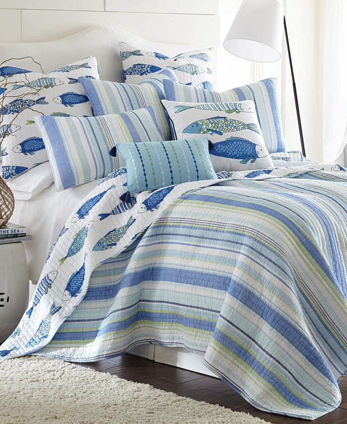 2 Piece Quilt Set with Shams Catalina Collection Twin, Navy Soft Microfiber Nautical Bedspread Featuring Coastal Seascapes
