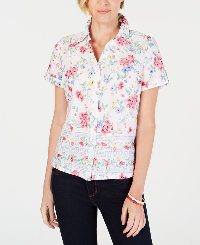Karen Scott Petite Short Sleeve Gingham Bloom Split Neck Top main image 1