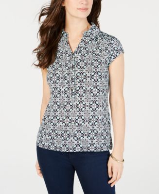 Charter Club 3/4 Sleeve Printed Polo Top Blue Size M