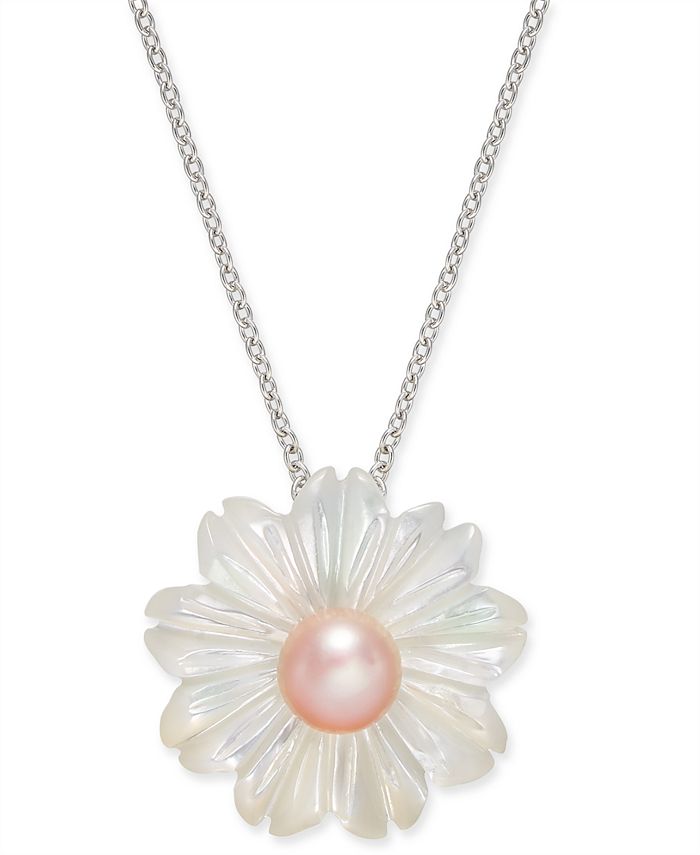 Macy's - Pink Cultured Freshwater Pearl (6 mm) & Mother-of-Pearl (19-1/2 mm) 18" Pendant Necklace in Sterling Silver