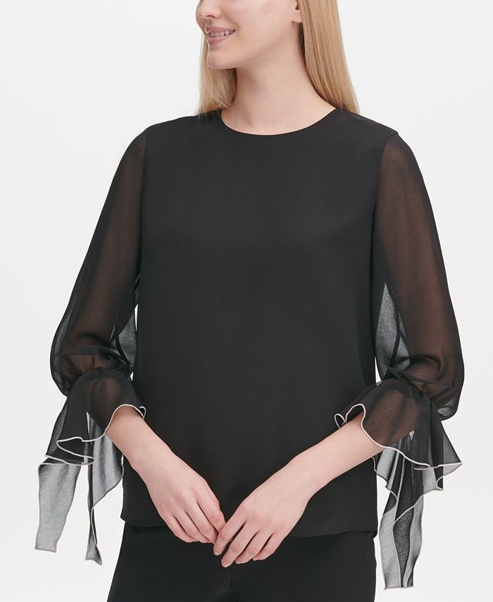 Calvin Klein Gathered Sheer Sleeve Blouse Reviews Tops Women Macy s