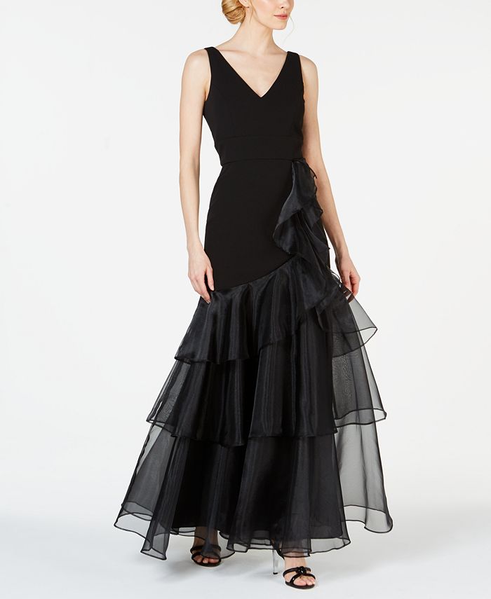 Calvin Klein V Neck Organza Ruffle Gown Macy s