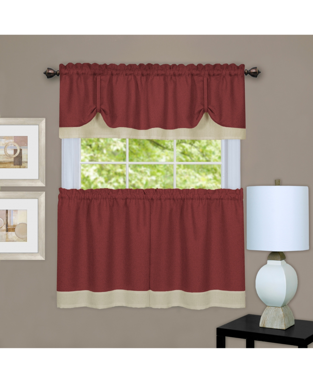 Darcy Tier & Valance Set, 58" x 36" - Marsala/tan