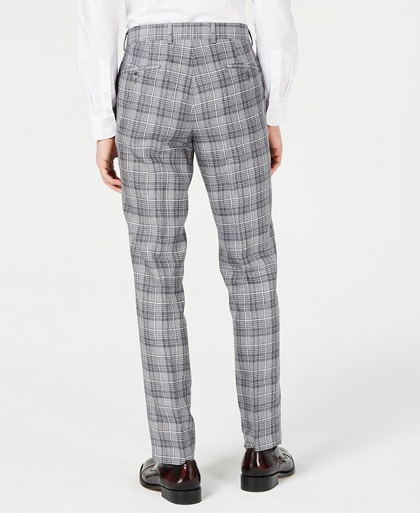 Bar III Men's SlimFit Linen Gray Plaid Suit Pants, Created for Macy's