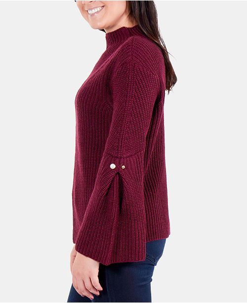 B NEW YORK Womens Ribbed Cuffed Sleeve Mock Neck Sweater