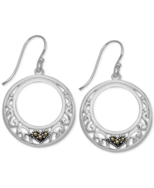 image of Marcasite Heart & Filigree Drop Small Hoop Earrings s in Fine Silver-Plate