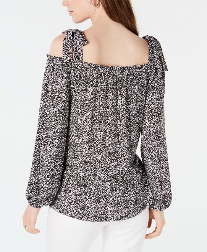 Michael Kors Women's Printed Cold Shoulder Tie Hem Top Green Size Small