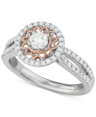 Macy's Diamond Two-Tone Sun Halo Engagement Ring (1 Ct. T.w.) In 14k ...