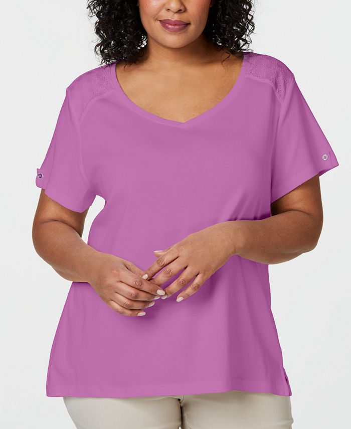 Karen Scott Womens Eyelet Shoulder V Neck Top Pink Size X Large