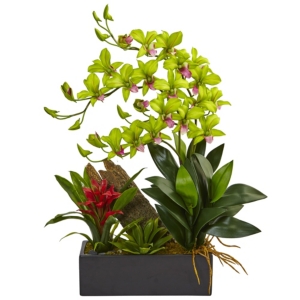 Nearly Natural Dendrobium Orchid and Bromeliad Silk Arrangement in Planter