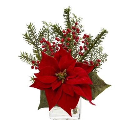 Nearly Natural Poinsettia, Pine and Berries in Vase Artificial Arrangement