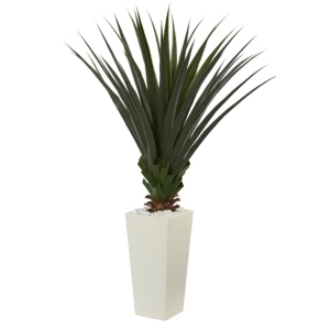 Nearly Natural 5' Spiky Agave Artificial Plant In White Tower Planter In Green