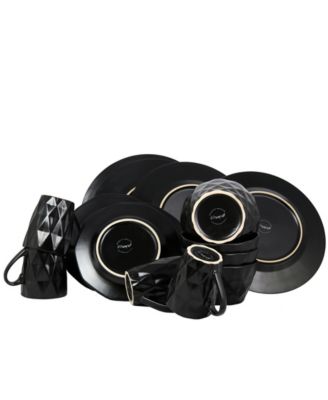 16pc Stoneware Diamond Cut Dinnerware Set Black - Elama