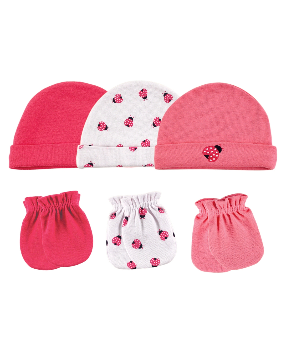 Luvable Friends Baby Girls Cotton Caps and Scratch Mittens 6pk, Ladybug, 0-6 Months