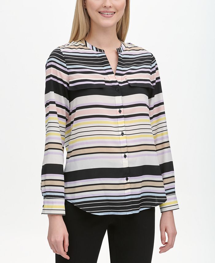Calvin Klein Striped Band-Collar Shirt - Macy's