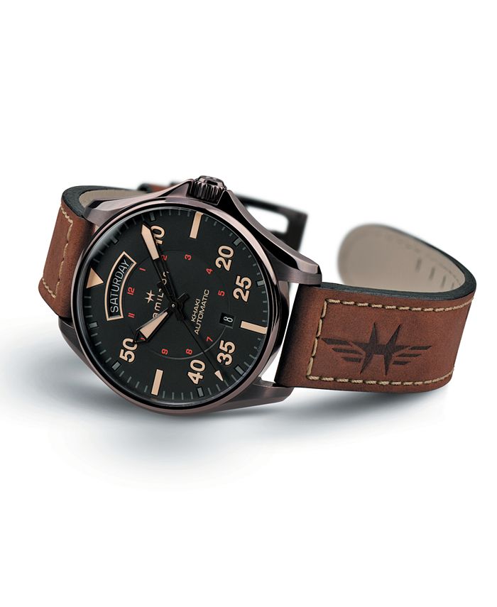 Men's Swiss Automatic Khaki Pilot Brown Leather Strap Watch 42mm