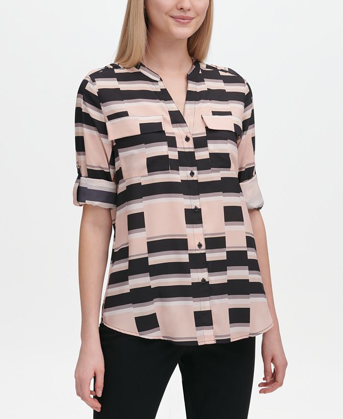 Calvin Klein Geo-Print Roll-Tab Button-Up Top & Reviews - Tops - Women -  Macy's