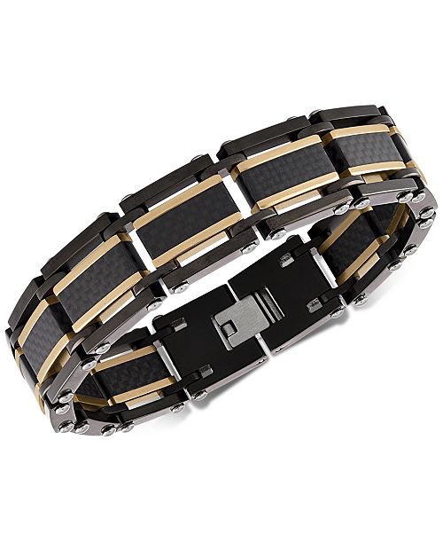 alfani Esquire Men's Jewelry Two-Tone Square Link Bracelet in Black & Gold Ion-Plated Stainless Steel & Black Carbon Fiber Created for Macy's Jewelry & Watches