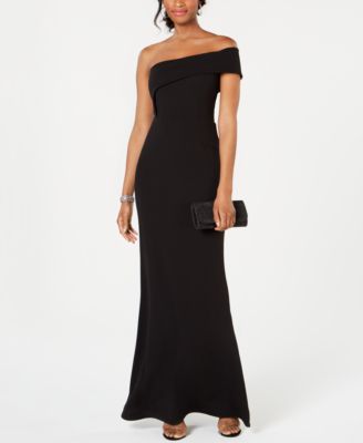 Betsy & Adam Women's Long Velvet Gown - Off Shoulder Asymmetric Sleeve Evening Dress