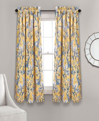 Lush Decor Dolores Light Filtering Window Panels, Pair, 52" W x 63" L, Yellow - Toile Curtains - Floral Bird Print