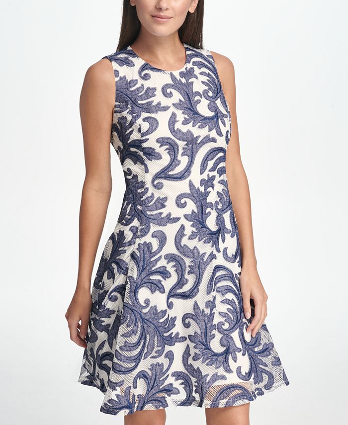 DKNY Sleeveless Denim Print Mesh Fit & Flare Dress - Macy's