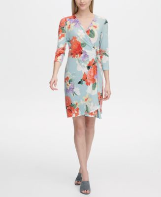 Calvin Klein Floral-Print Faux-Wrap Dress - Macy's