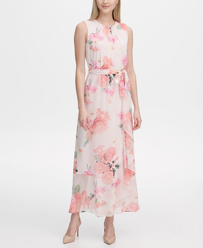 Calvin Klein Belted Floral-Print Maxi Dress - Macy's