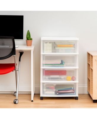 USA Plastic 4 Drawer Wide Storage Cart with 4 Caster Wheels, White