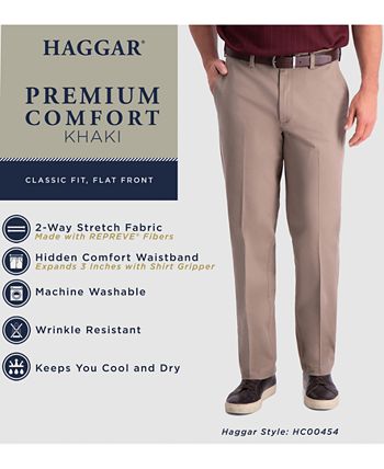 Haggar - Men's Premium Comfort Khaki Classic-Fit 2-Way Stretch Wrinkle Resistant Flat Front Stretch Casual Pants