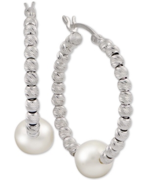 image of Cultured Freshwater Pearl (8mm) Beaded Hoop Earrings in Sterling Silver