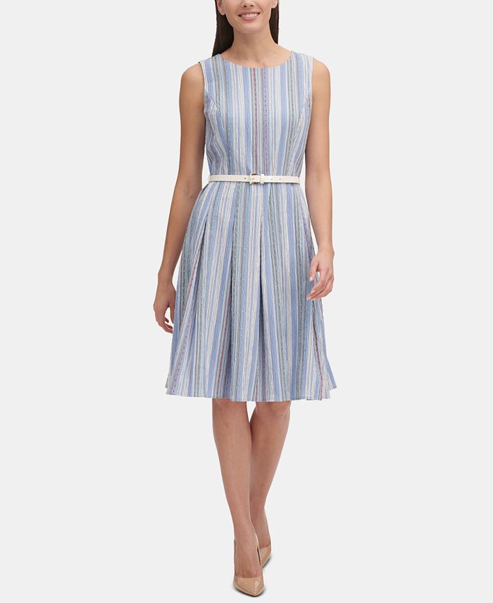 Tommy Hilfiger Petite CrinkleStriped Belted Fit & Flare Dress Macy's