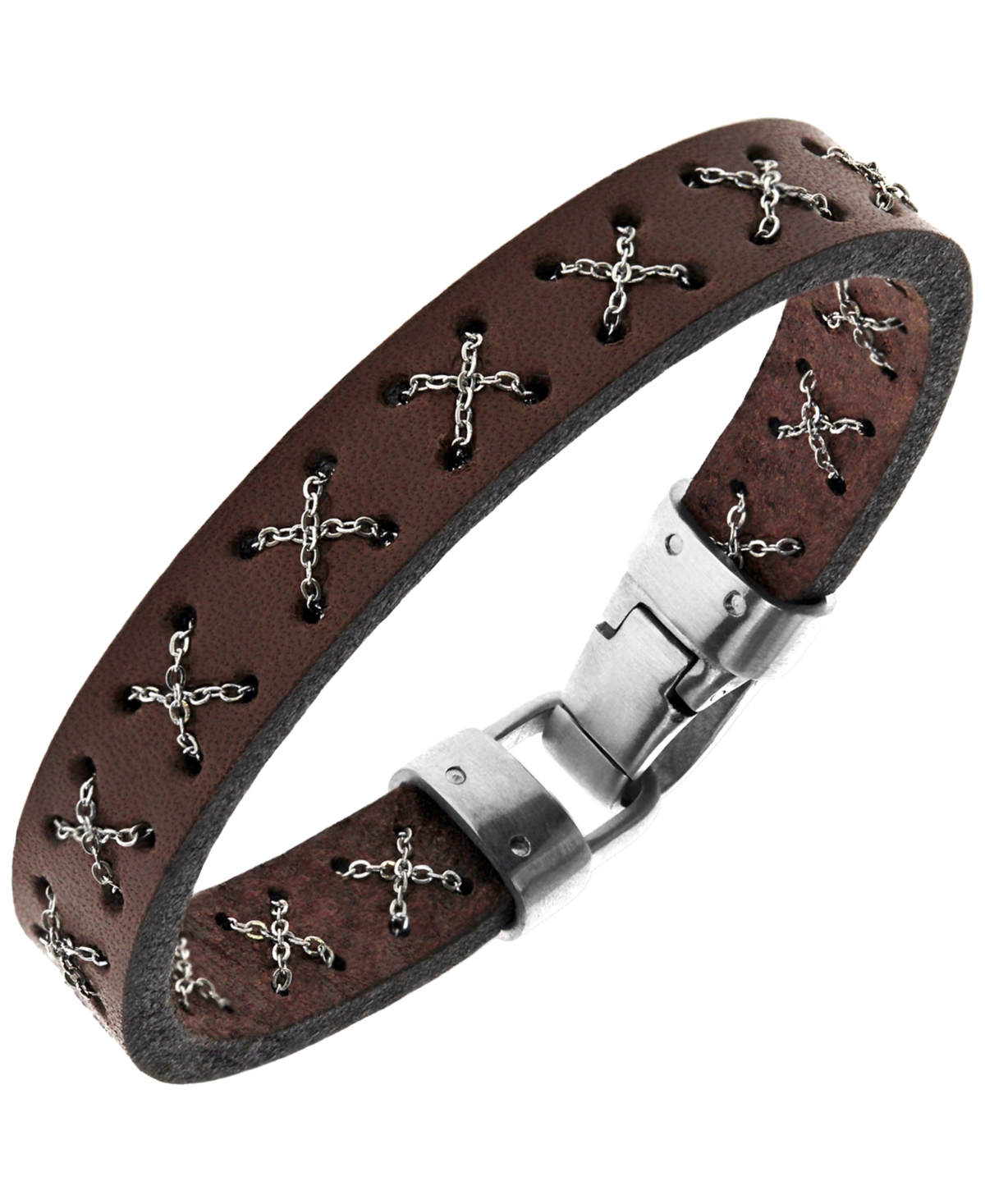 Sutton Stainless Steel Crossed Chain Brown Leather Bracelet - Brown