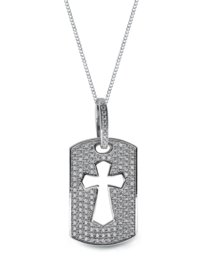 image of Sutton Sterling Silver Cross Cutout Cubic Zirconia Dog Tag Pendant Necklace