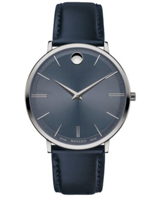 Movado - Men's Swiss Ultra Slim Navy Leather Strap Watch 40mm