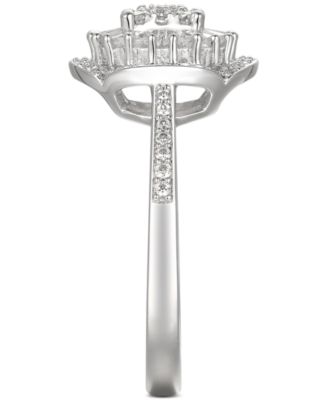 Cubic Zirconia Baguette Cluster Halo Ring in Sterling Silver