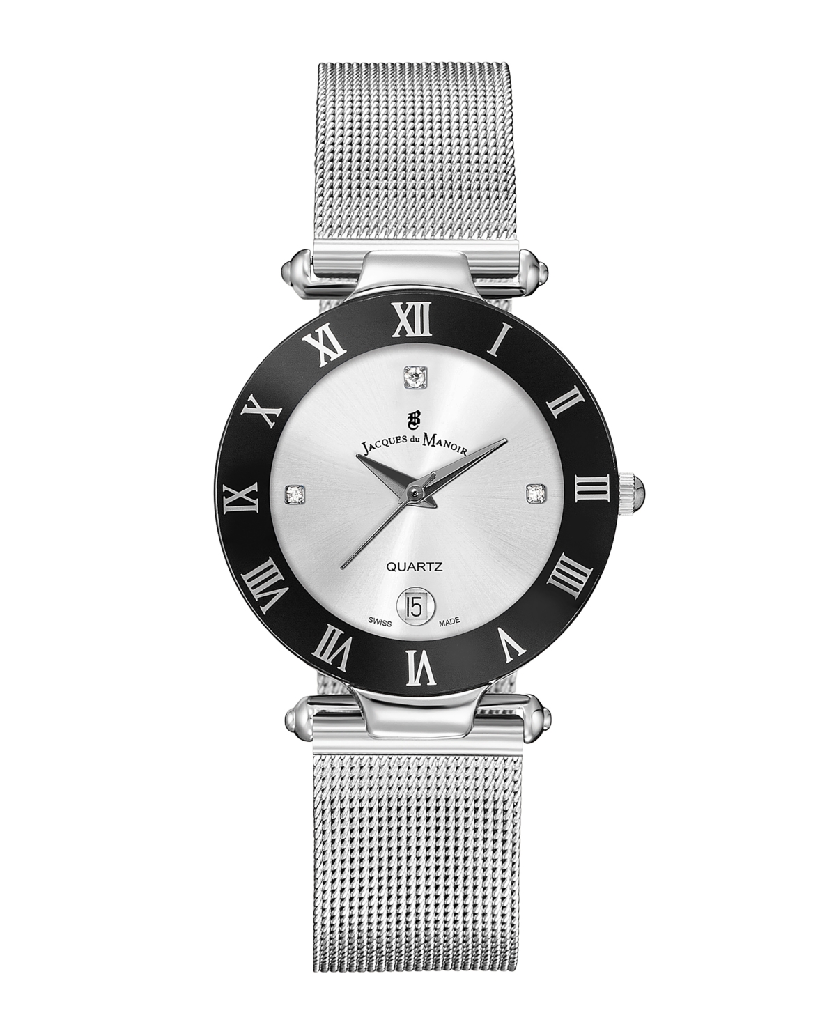 Jacques Du Manoir Ladies' Silver Stainless Steel Mesh with Stainless Steel Case with Black Bezel and Silver Dial, 33mm