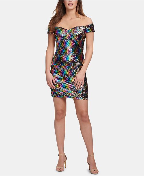 GUESS Off-The-Shoulder Sequined Shift Dress, Created for Macy&#39;s & Reviews - Dresses - Women - Macy&#39;s