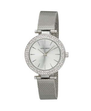 image of Laura Ashley Ladies- T-Bar Case Double Stone Bezel Silver Mesh Band Watch
